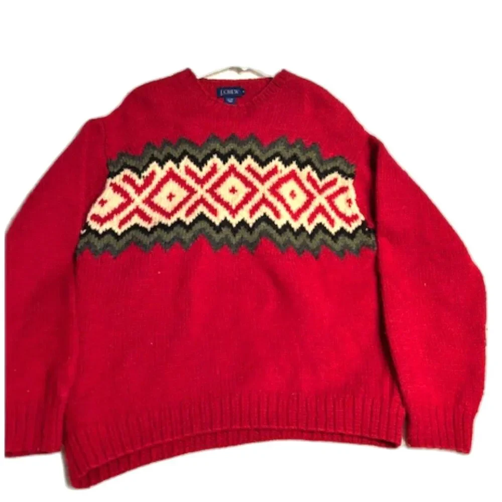 J.Crew Fair Isle Wool Sweater Men’s Medium Red Nordic Crewneck Cozy Cabin